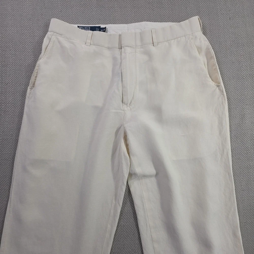 Polo Ralph Lauren Linen Silk Pants Mens 34x30 Off-White Summer Luxury Trousers